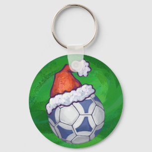 Blue and White Festive Soccer Ball on Green Keychain