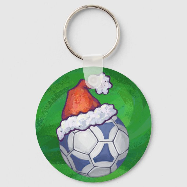 Blue and White Festive Soccer Ball on Green Keychain (Front)