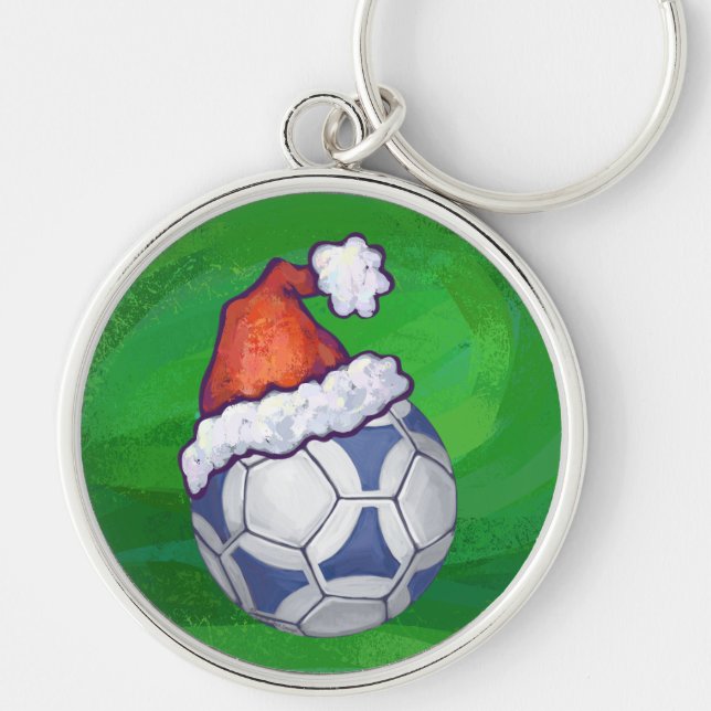 Blue and White Festive Soccer Ball on Green Keychain (Front)
