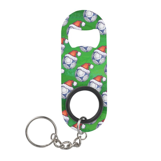 Blue and White Festive Soccer Ball on Green Keychain Bottle Opener (Front)