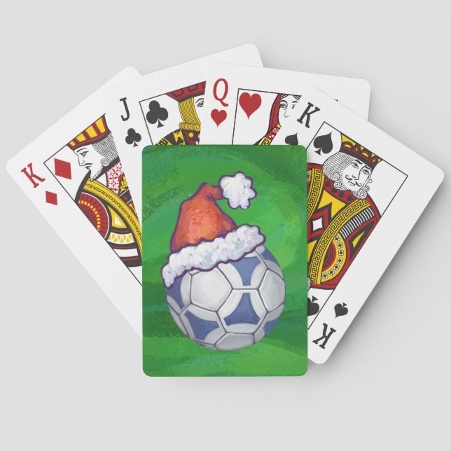 Blue and White Festive Soccer Ball on Green Playing Cards (Back)