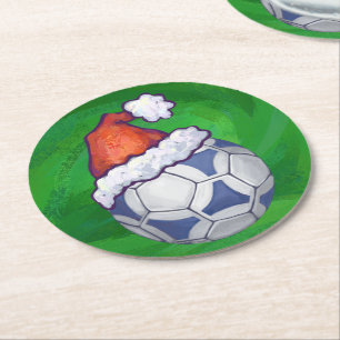 Blue and White Festive Soccer Ball on Green Round Paper Coaster