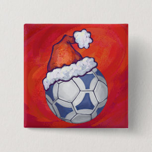 Blue and White Festive Soccer Ball on Red 2 Inch Square Button