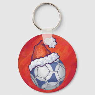 Blue and White Festive Soccer Ball on Red Keychain