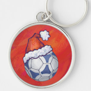 Blue and White Festive Soccer Ball on Red Keychain