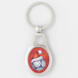 Blue and White Festive Soccer Ball on Red Keychain