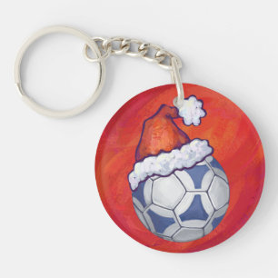Blue and White Festive Soccer Ball on Red Keychain