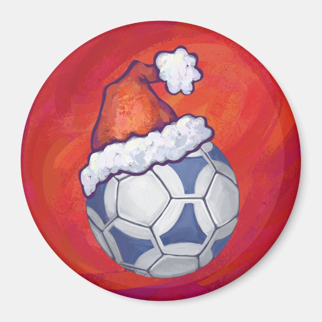 Blue and White Festive Soccer Ball on Red Magnet (Front)