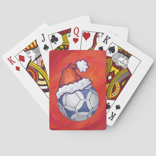 Blue and White Festive Soccer Ball on Red Playing Cards (Back)