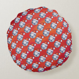Blue and White Festive Soccer Ball Pattern on Red Round Pillow