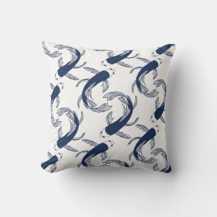 Blue and white fish pattern, Japanese ink painting Throw Pillow
