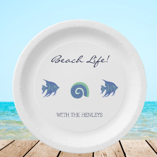 Blue and White Fish Shells Family Beach House Paper Plate