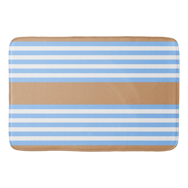 Blue and white five stripes pattern with tan bath mat (Front)