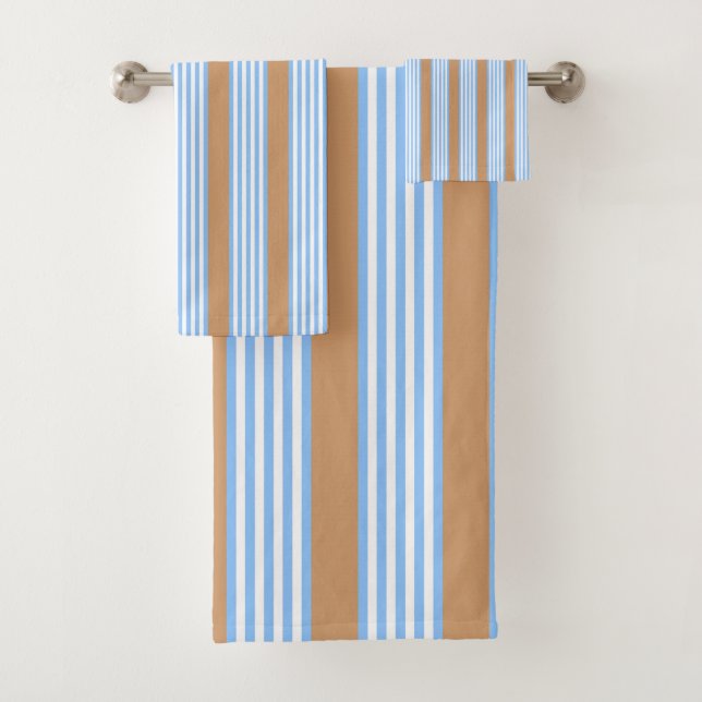 Blue and white five stripes pattern with tan bath towel set (Insitu)