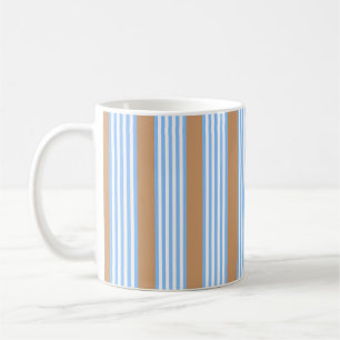 Blue and white five stripes pattern with tan coffee mug