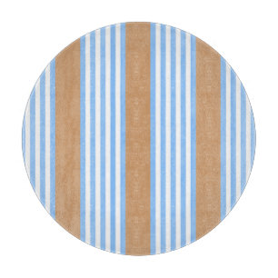 Blue and white five stripes pattern with tan cutting board