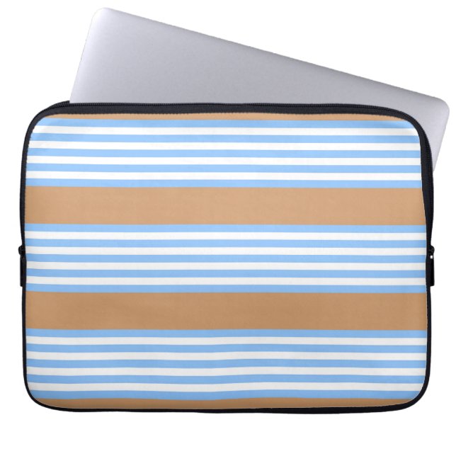 Blue and white five stripes pattern with tan laptop sleeve (Front)