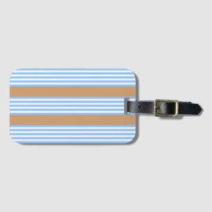 Blue and white five stripes pattern with tan luggage tag