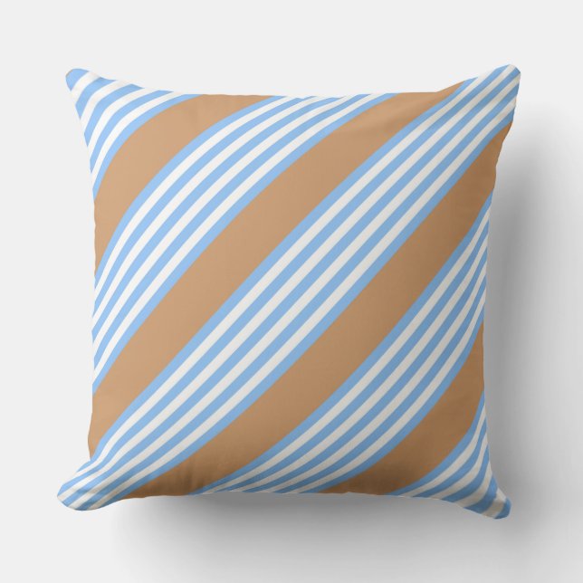 Blue and white five stripes pattern with tan  throw pillow (Front)