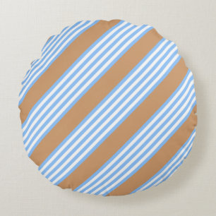 Blue and white five stripes pattern with tan throw round pillow