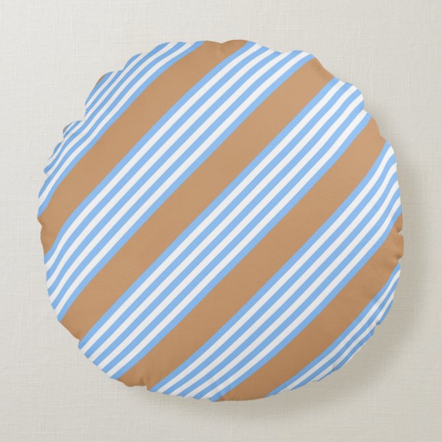 Blue and white five stripes pattern with tan throw round pillow (Front)