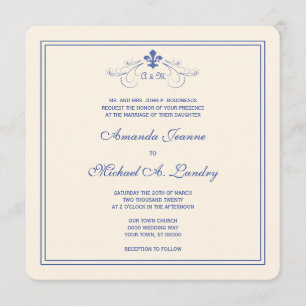 Blue and White Fleur de Lis Scroll Formal Wedding Invitation