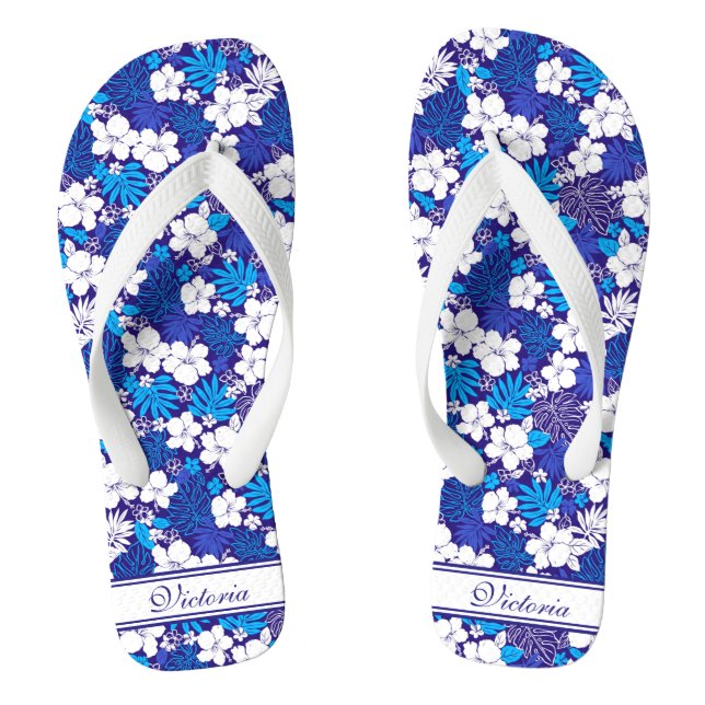 Blue and White Flora Pattern Add Name Personalized Flip Flops (Footbed)