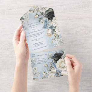 Blue and White Floral All In One Graduation  Invitation