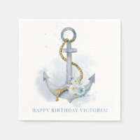 Blue and White Floral Anchor Nautical Birthday