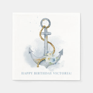 Blue and White Floral Anchor Nautical Birthday Napkin