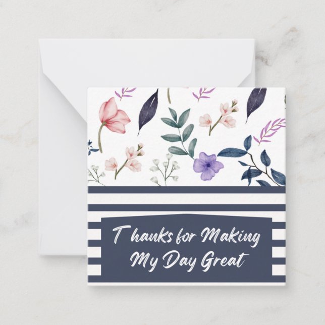 Blue and White Floral Appreciation Flat Note Card (Front)