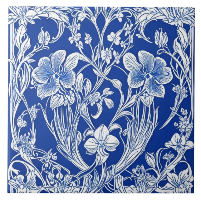 Blue and White Floral Art Deco Art Nouveau Flower Tile (Front)