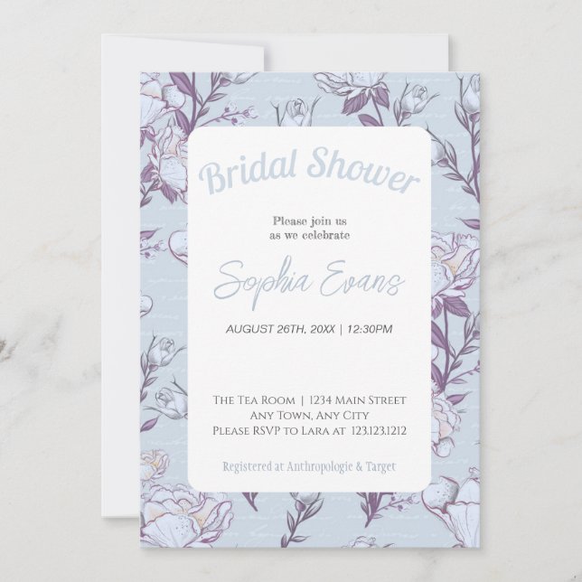 Blue and White Floral Bordered Bridal Shower Invitation (Front)