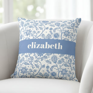 Blue and White Floral Botanical Custom Name Modern Throw Pillow
