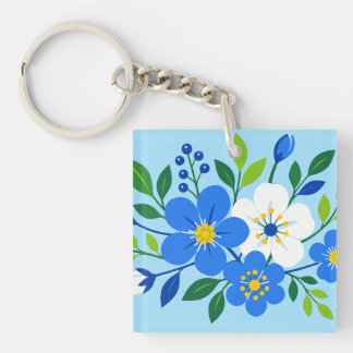 Blue and White Floral Botanical Illustration Keychain