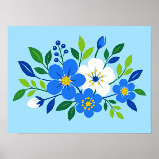 Blue and White Floral Botanical Illustration Poster