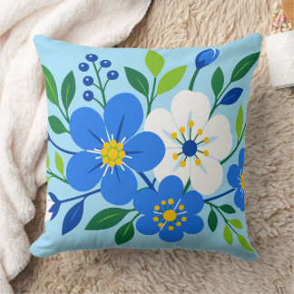 Blue and White Floral Botanical Illustration Throw Pillow