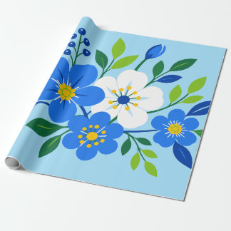 Blue and White Floral Botanical Illustration Wrapping Paper