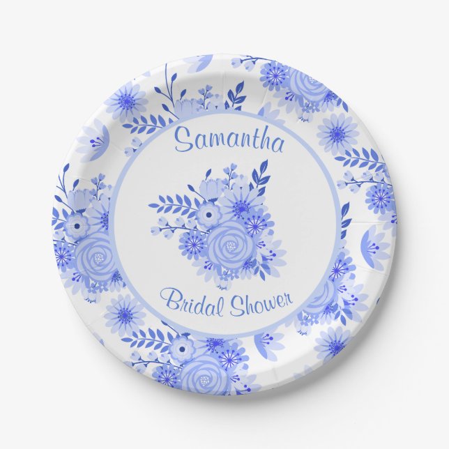 Blue and White Floral Bridal Shower Paper Plate (Front)