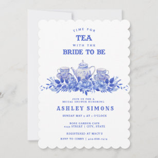 Blue and White Floral Bridal Shower   Tea Party Invitation