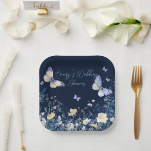 Blue and White Floral  Butterflies Wedding Shower Paper Plate