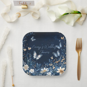 Blue and White Floral  Butterflies Wedding Shower Paper Plate