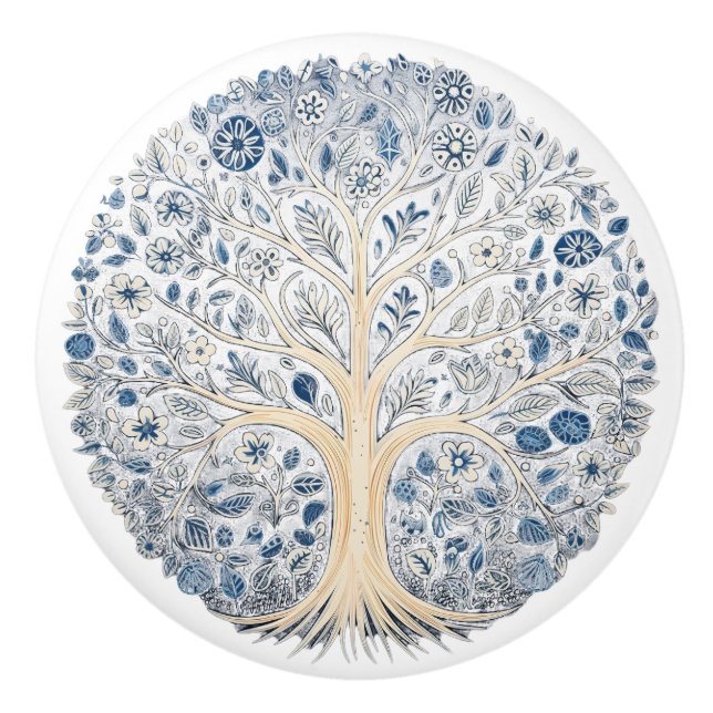 Blue and White Floral Ceramic Knob with Tree (Front)