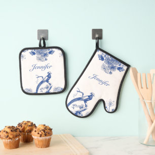 Blue and White Floral China Pattern with Bird Oven Mitt & Pot Holder Set