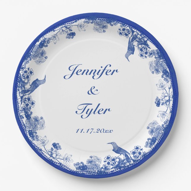 Blue and White Floral China Pattern with Bird Paper Plate (Front)