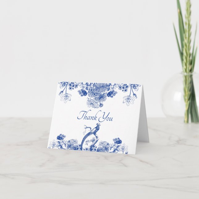 Blue and White Floral China Pattern with Bird Thank You Card (Front)