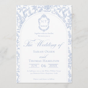 Blue and White Floral Chinoiserie Monogram Wedding Invitation