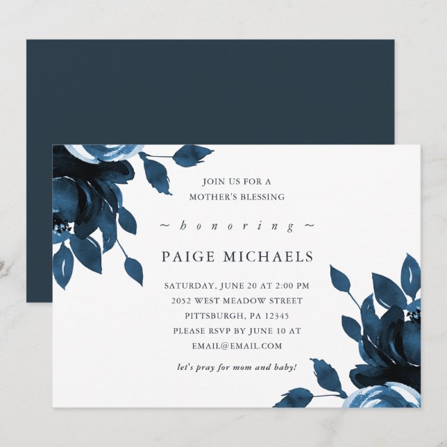 Blue and White Floral Christian Mother's Blessing Invitation (Front/Back)