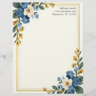 Blue and White Floral Corners Stationery Paper