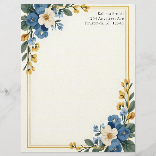Blue and White Floral Corners Stationery Paper (Front)